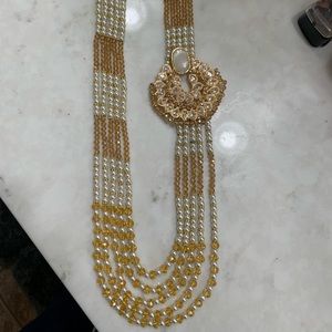 Long rhinestone pearl mala necklace